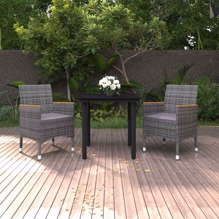 Set da pranzo per giardino vidaXL in polyrattan con tavolo in vetro e cuscini, colore grigio e nero