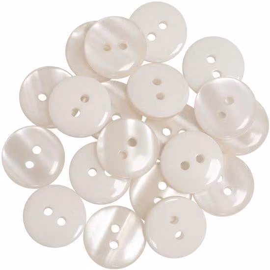 Set in plastica con 20 chiodini da cucito rotondi Ø 15 mm, 2 fori, L24, 24L, bianco