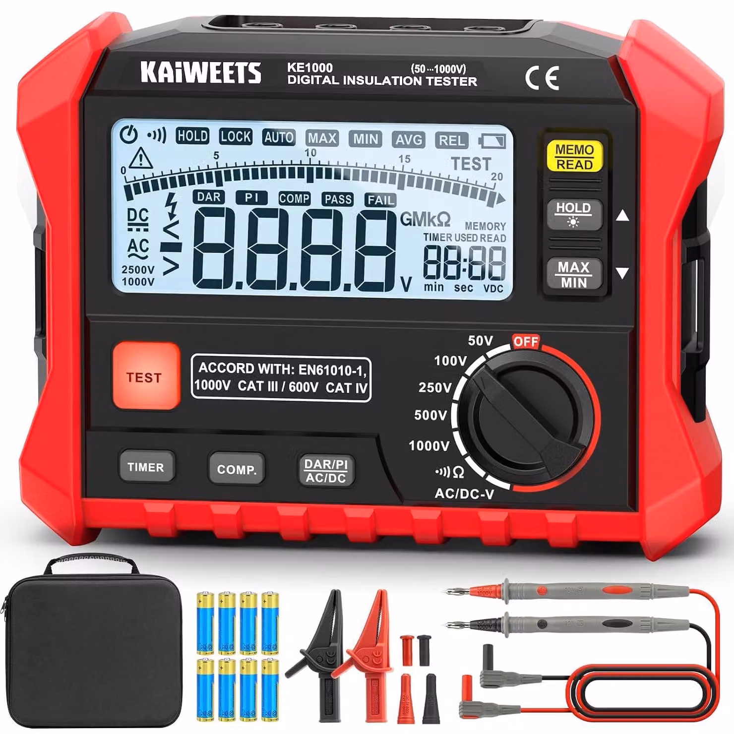 KAIWEETS KE1000 Megohmetro Tester Resistenza Isolamento 100GΩ 1000V