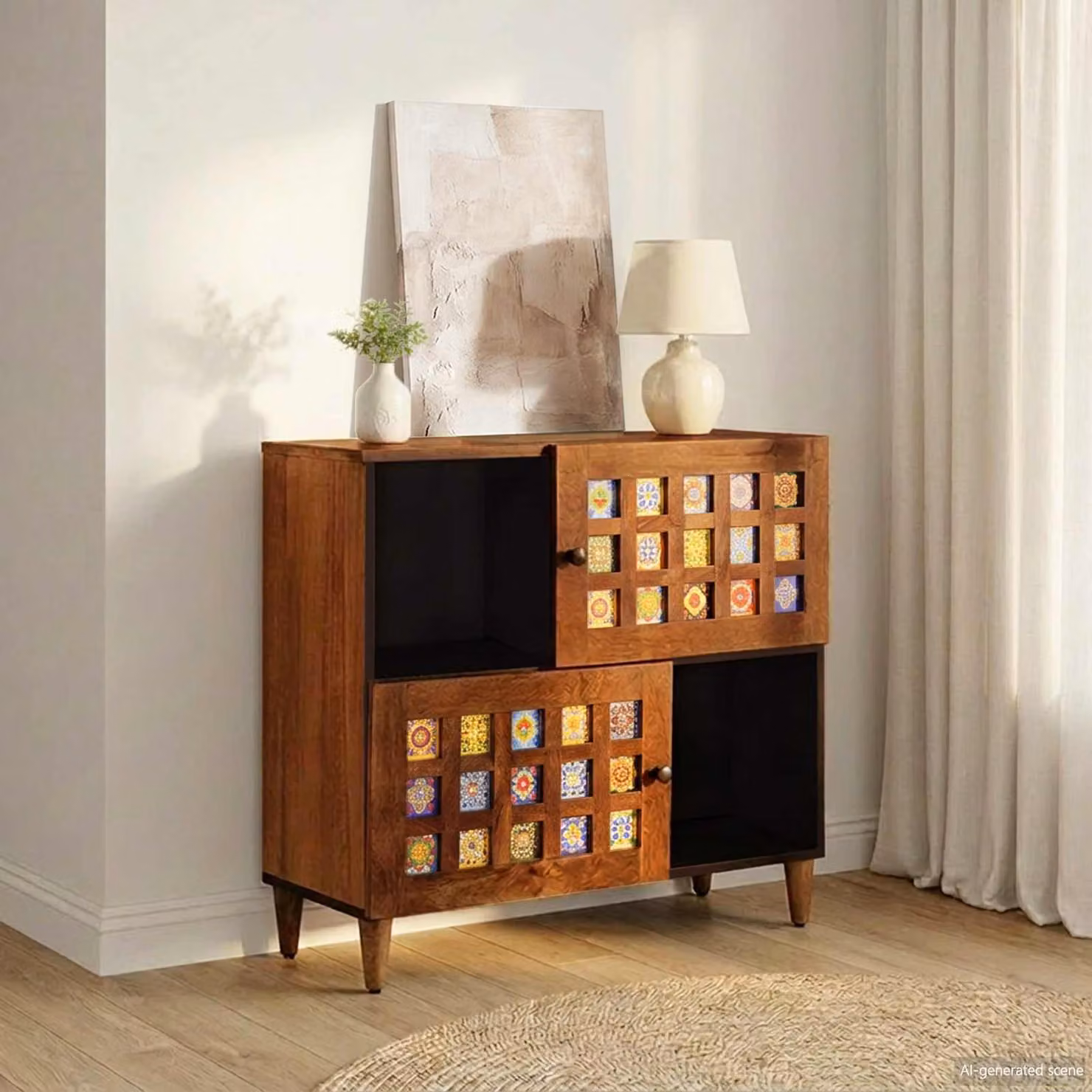 Credenza con porta vidaXL in legno di mango massello color noce, L 80 cm x P 33 cm x H 75 cm