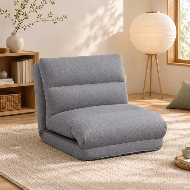 Sedia da pavimento pieghevole con schienale regolabile a 6 posizioni, imbottitura spessa, funzione letto, tessuto effetto lino grigio, 70x41x56 cm