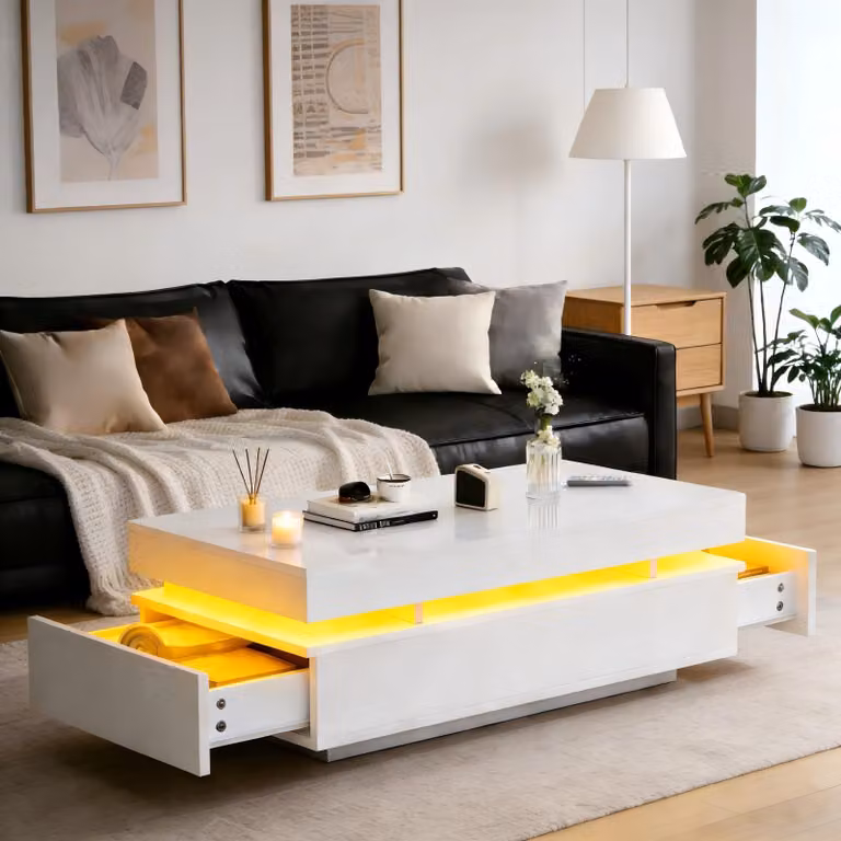 Merax Tavolino lucido con LED, tavolino da salotto con 2 cassetti, tavolino da tè con illuminazione d'atmosfera, tavolino ausiliario in MDF, bianco