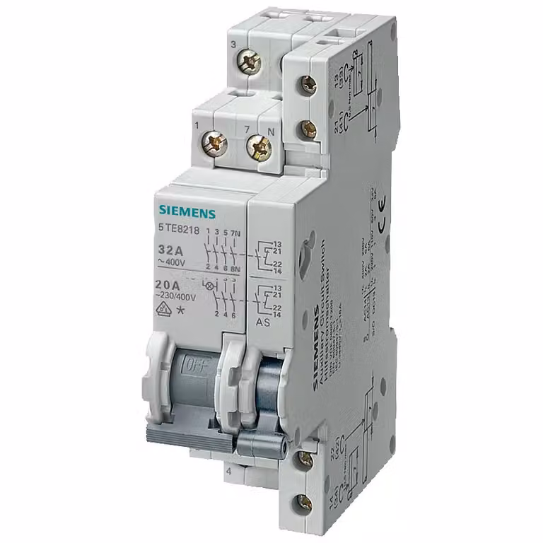 Interruttore Siemens da 20 A, 3 fasi + neutro, con relè ausiliario 1N + 1NO, 5TE8118