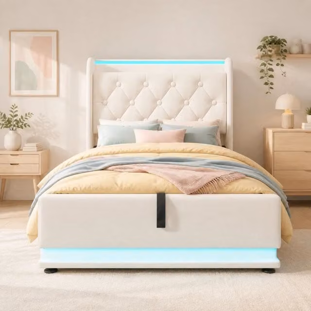 Letto imbottito singolo con LED 360°; USB e Type-C; contenitore idraulico; 90x200 cm; bianco PU