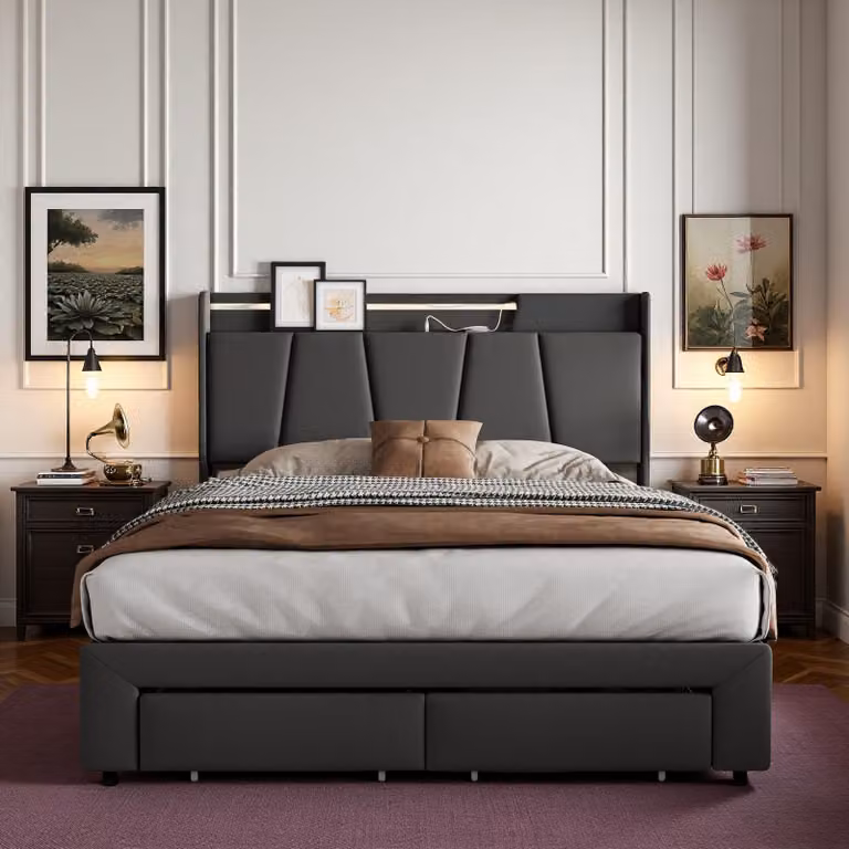 UnboxG Letto a gas 140×190 cm Grigio, letto imbottito in lino con 2 cassetti nella parte inferiore, testiera LED, porta USB, letto contenitore per camera da letto e camera degli ospiti