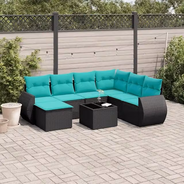 Set Divani da Giardino 8 pz con Cuscini Nero in Polyrattan 3221706