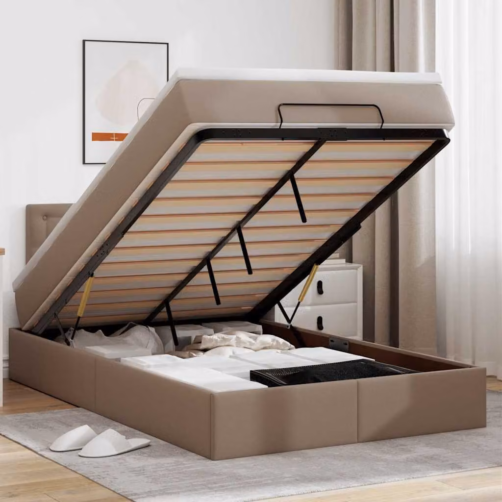 vidaXL Struttura Letto con Materasso e Pouf in Similpelle con Base a Sollevamento, Illuminazione Sotto il Letto e Porte USB, L/P/H: 200 x 120 x 88 cm, Beige e Bianco – 1