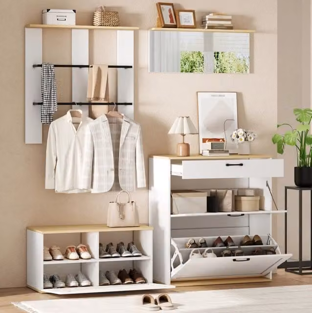 Set guardaroba 156x36x176 cm multifunzione con scarpiera pieghevole; MDF e truciolare; bianco e naturale
