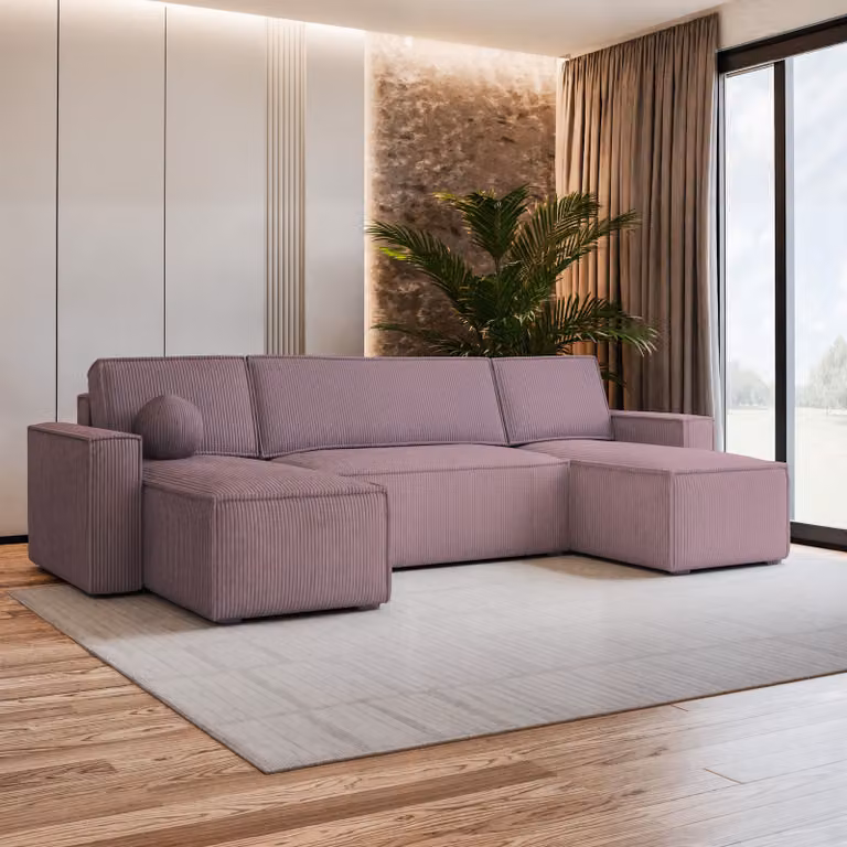 Divano angolare Masseno PESANO P con funzione letto a U, divano con box letto, divano da salotto, divano, divano, divano letto, set di divani - viola, POSO 130