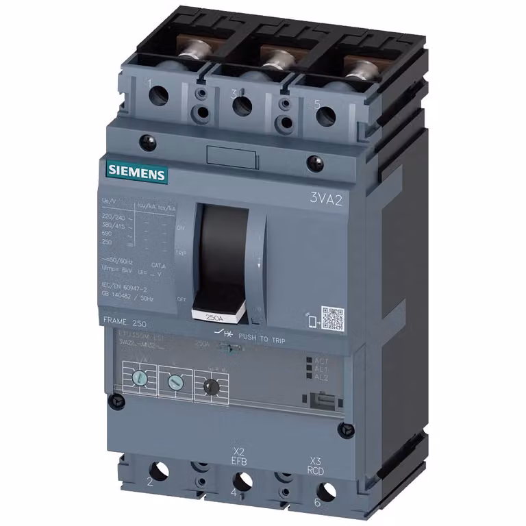 Interruttore di potenza Siemens 3VA2, telaio IEC 250, classe di capacità di interruzione E, Icu=200 kA a 415 V, 3VA22160MN320AA0