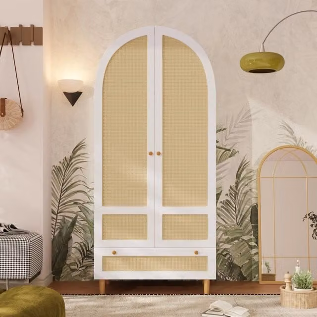 Armadio, design ad arco, stile intrecciato, con cassetti, 80 x 50 x 180 cm, bianco e color legno naturale