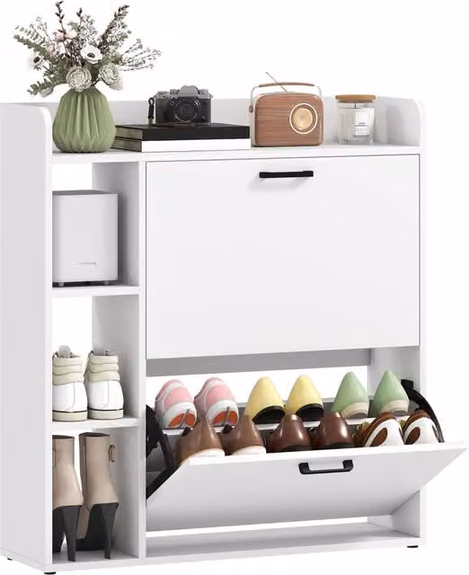 Scarpiera slim salvaspazio moderna con 2 cassetti a ribalta e 3 vani aperti, mobile portascarpe per ingresso, 83x24x90.5 cm, bianco