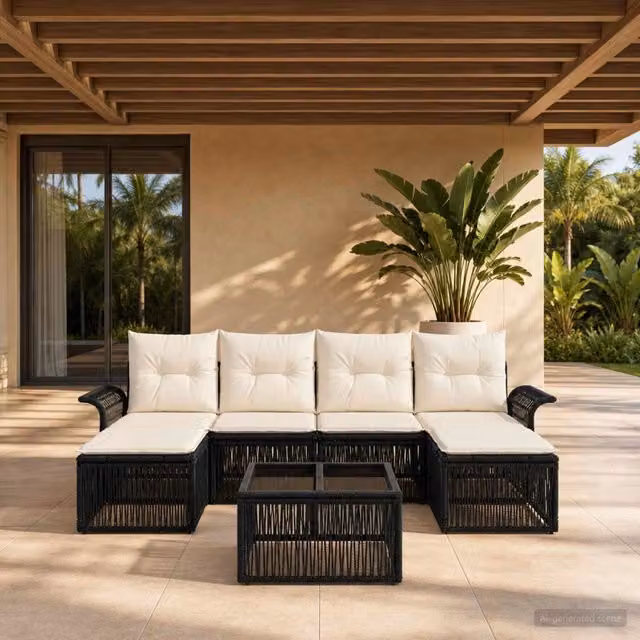Set da giardino vidaXL a 7 pezzi in rattan nero con divani, tavolino e pouf con cuscini inclusi