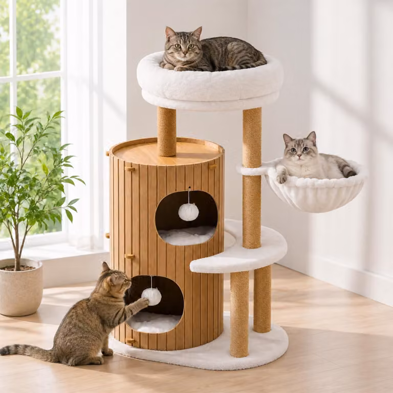Albero per gatti con grande palo da graffio, cuccia, lettino e 4 pali in sisal, adatto a più gatti