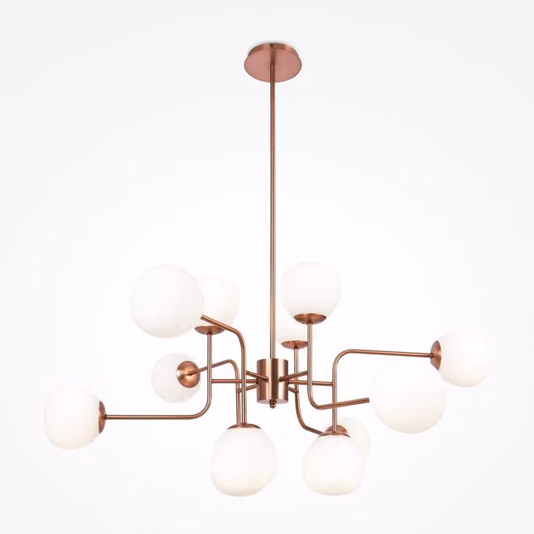 Lampadario Sospensione Erich In Metallo Oro Rosa 12 Luci E Diffusori Bianchi