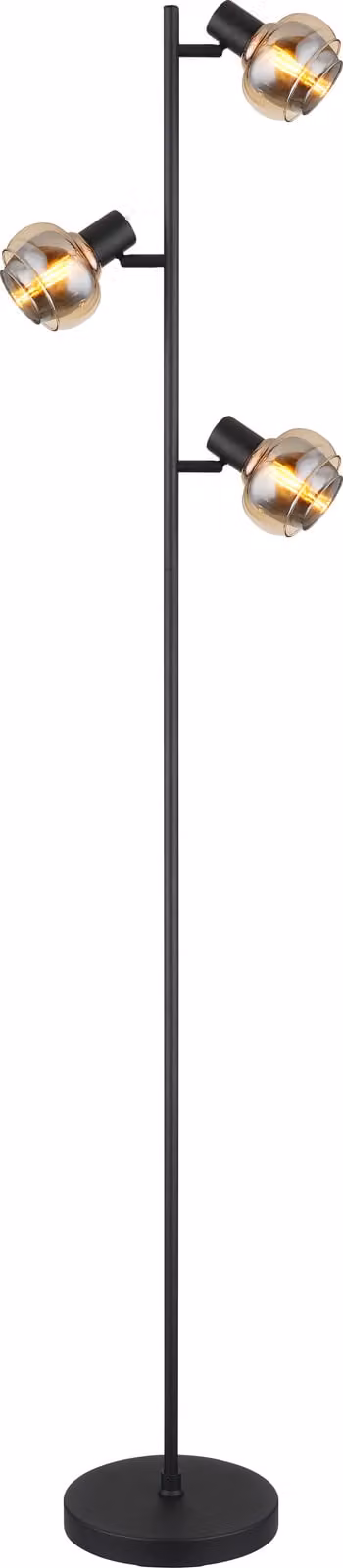 Lampada da terra Globo Lighting, struttura in metallo nero opaco, paralume in vetro ambrato e vetro fumé, cavo in PVC nero, interruttore a pedale integrato nel cavo, dimensioni: 250x230x1540 mm, lunghezza del cavo: 1800 mm, esclusa lampadina (necessarie 3