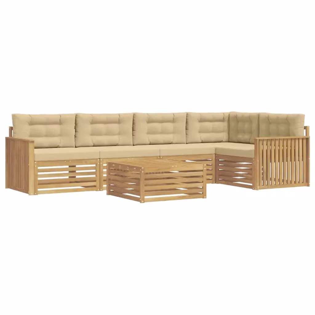 Set di divani da esterno a L con tavolino vidaXL in legno di acacia, 6 pezzi, Bianco e Beige – 2