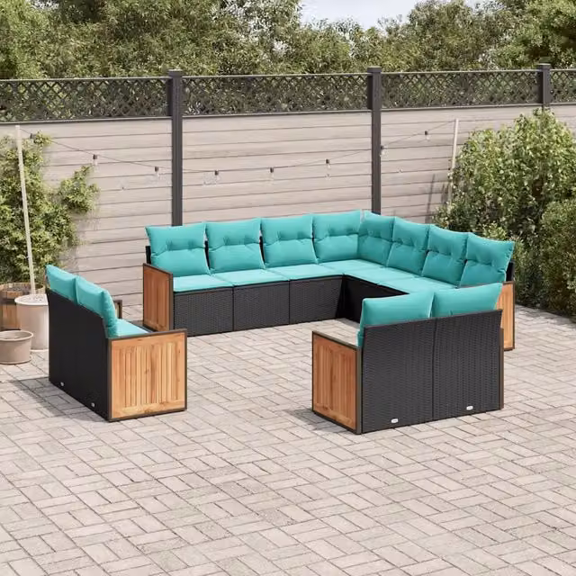Set di divani da giardino vidaXL in polyrattan nero con cuscini, composizione a forma di U per esterno