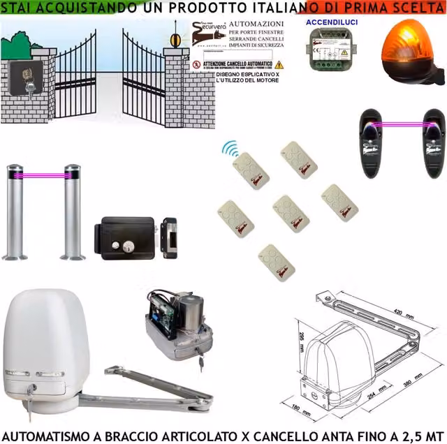 Cancello Automatico Kit Motore a Braccio Articolato 220/24 V Anta da 0,5 a 2,5 MT Elettroserratura Accendiluci 6 Radiocomandi Faro Selettore 2 Paline 2 Foto