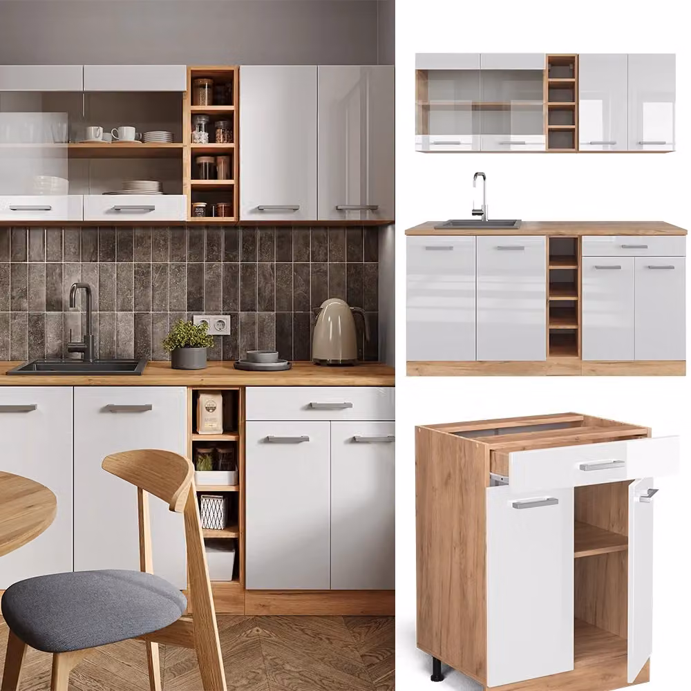 Cucina completa R-Line Vicco Bianco lucido e Rovere dorato con piano Antracite, L: 160 cm – 2