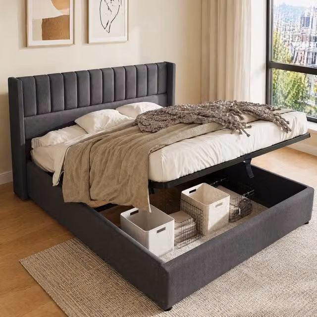 Letto matrimoniale contenitore ULEVR 180x200 cm con sollevamento idraulico, testiera imbottita in lino grigio