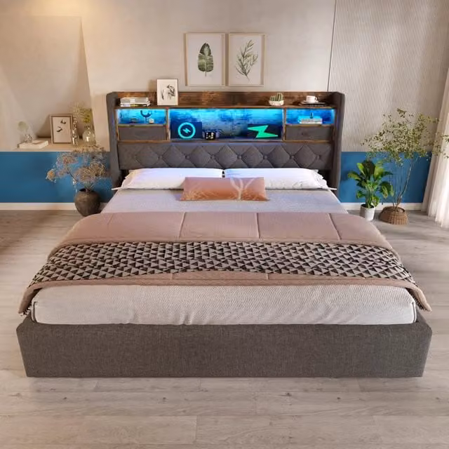 Letto contenitore REDOM in tessuto grigio con illuminazione LED, porte USB/Type-C e mensola integrata L/P/H: 221 x 180 x 116 cm – 1