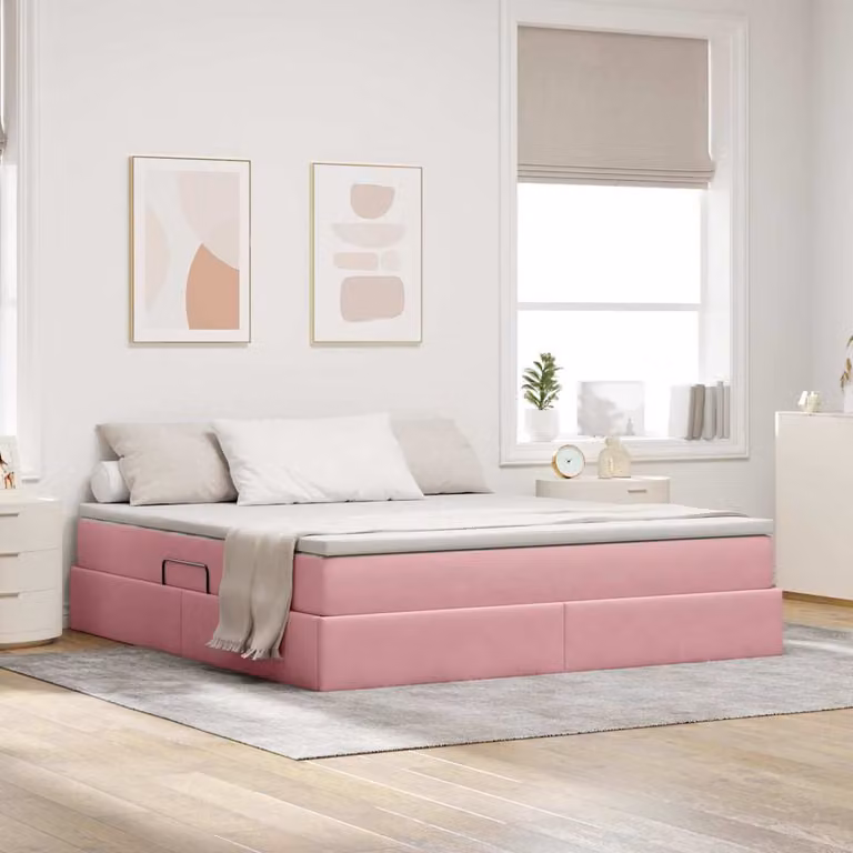 Letto con contenitore e materasso ibrido vidaXL in velluto rosa L: 160 cm, P: 200 cm, H: 204 cm