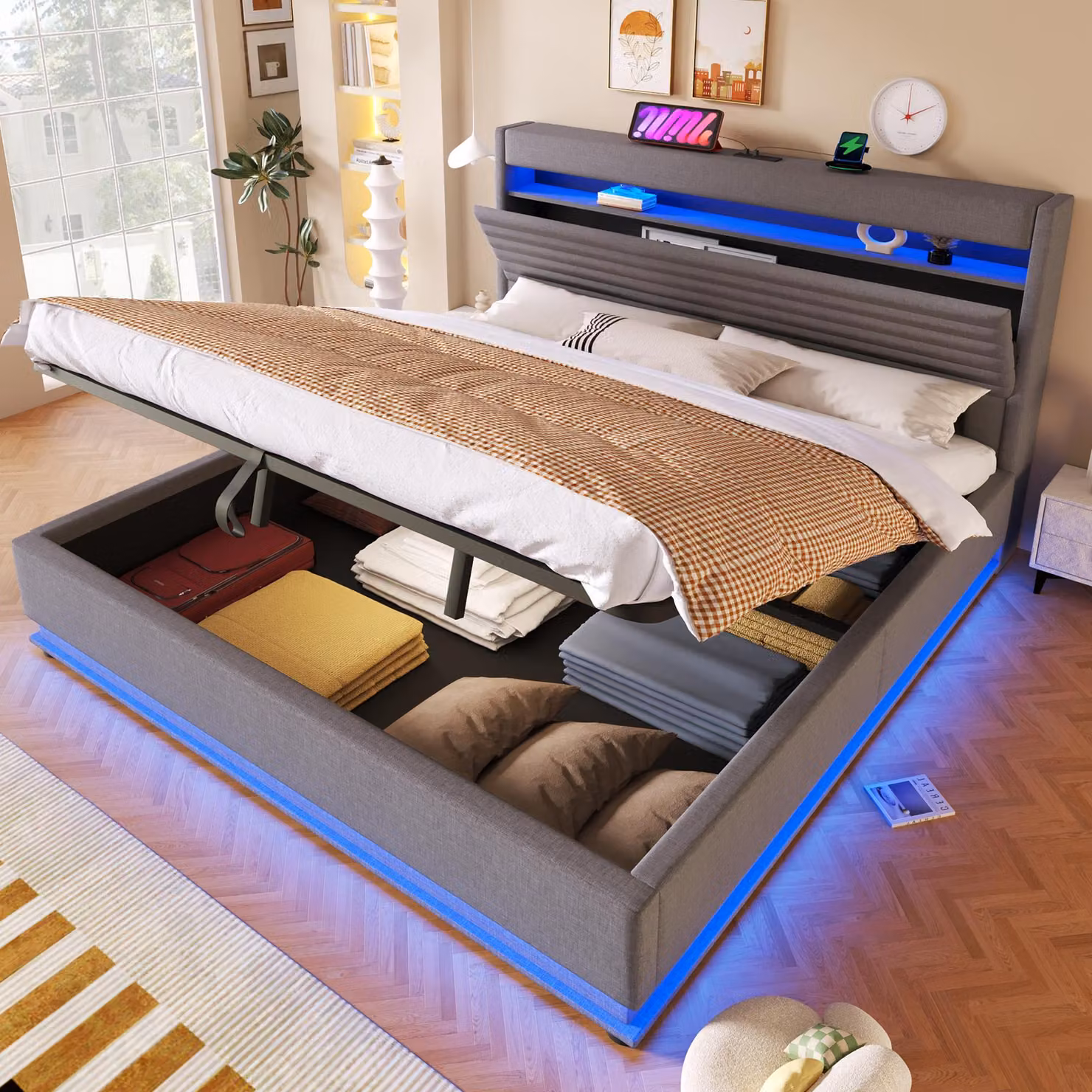 Letto imbottito okwish 180×200 con funzione di ricarica USB Type-C, letto per ragazzi con illuminazione a LED e vano contenitore idraulico, letto contenitore grigio, senza materasso