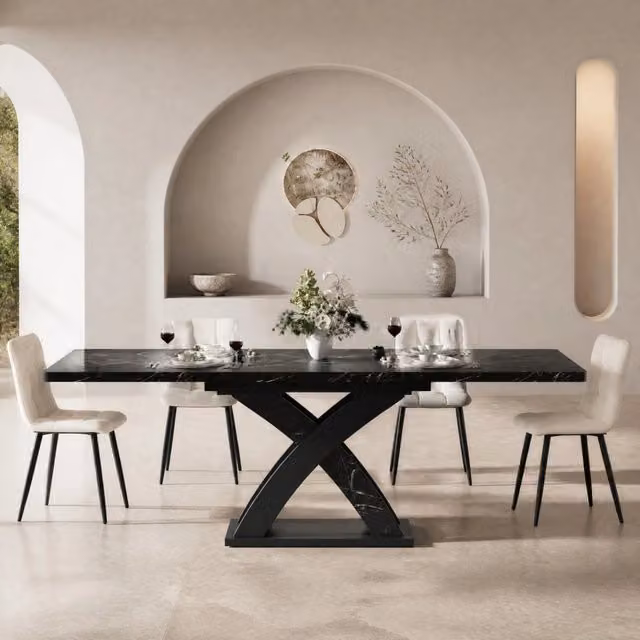 Tavolo da pranzo allungabile ULEVR 120-160x80x75 cm con piano in MDF e struttura in metallo, nero