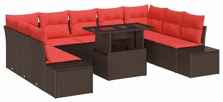 Set di divani da giardino, 10 pezzi, color marrone, in rattan sintetico