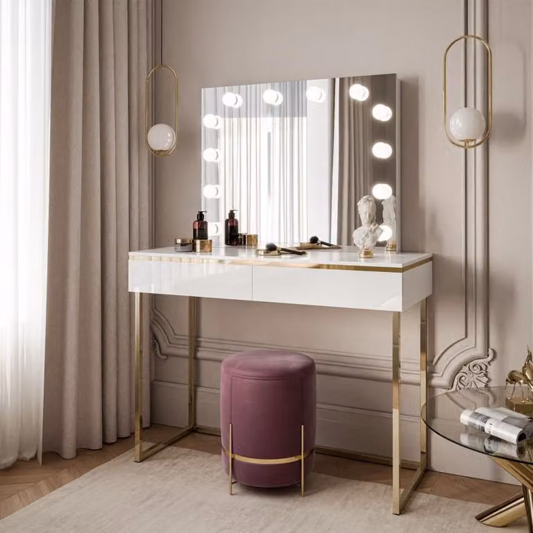 Tavolo da toeletta AURORA GOLD ELITE con specchio bianco lucido