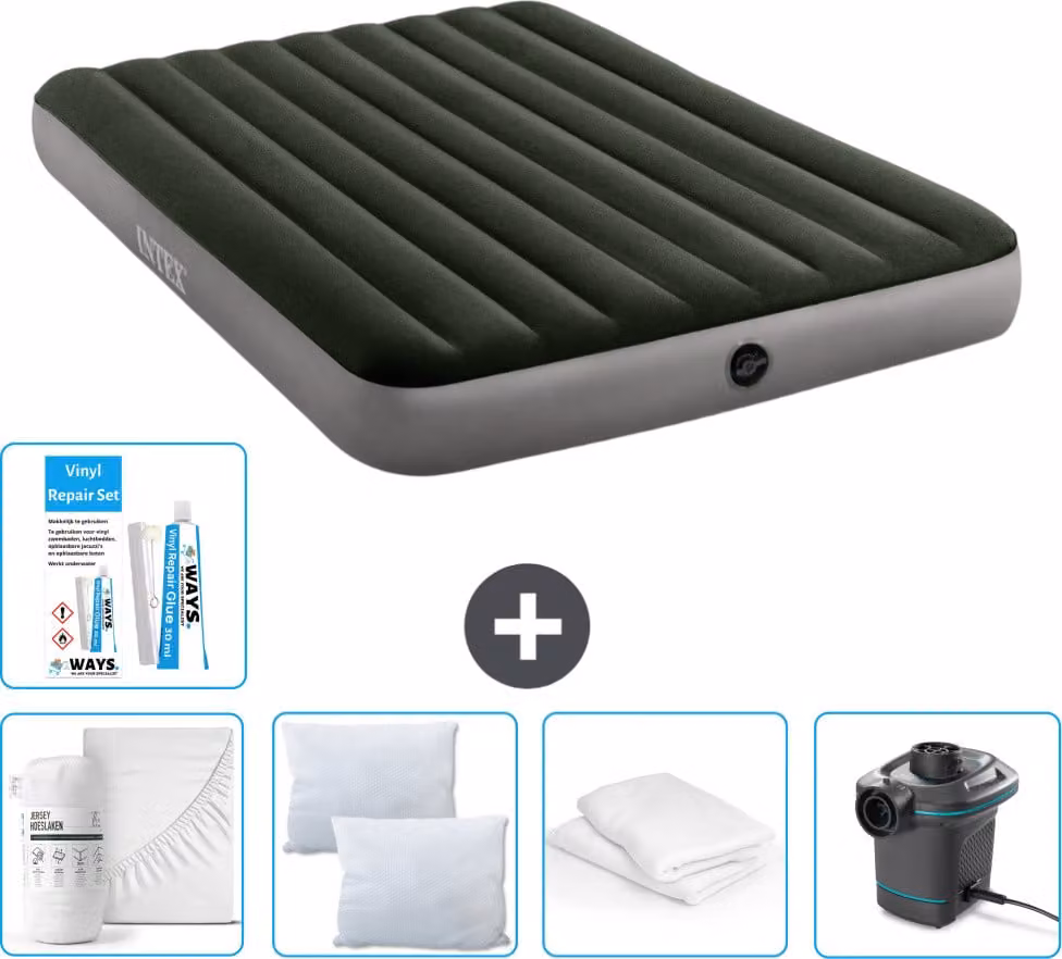 Letto gonfiabile Intex - 2 persone - 152 x 203 x 25 cm - verde - lenzuolo incluso - bacio - pompa - set di riparazione e protezione per cuscini