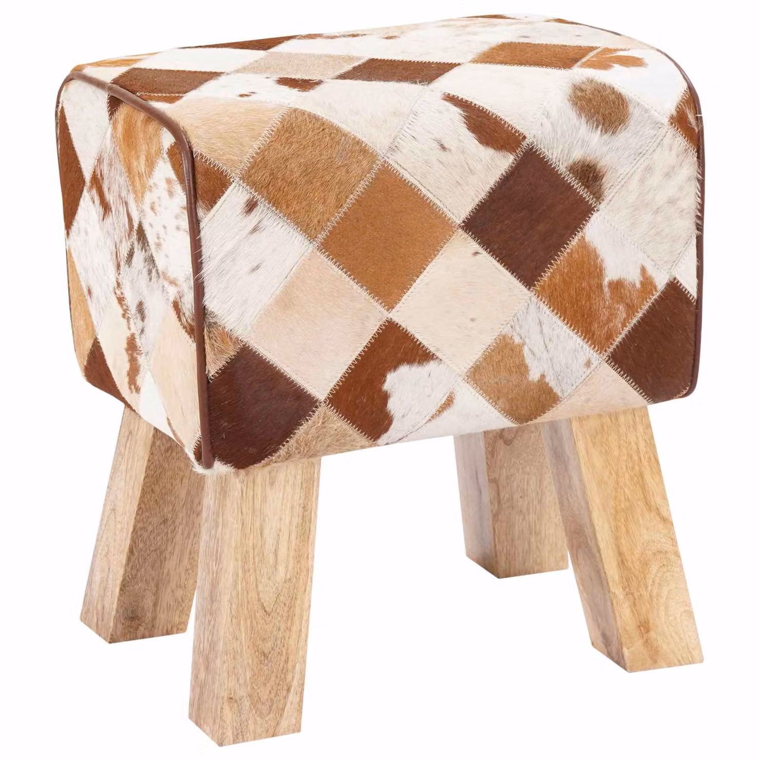 Panchina vidaXL in pelle marrone e legno con design patchwork etnico L/P/H: 40 x 30 x 45 cm
