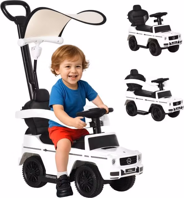 Macchina a spinta Mercedes Minimal per bambini con tettuccio e maniglia, colore bianco, L 85.5 cm x P 40.5 cm x H 95 cm