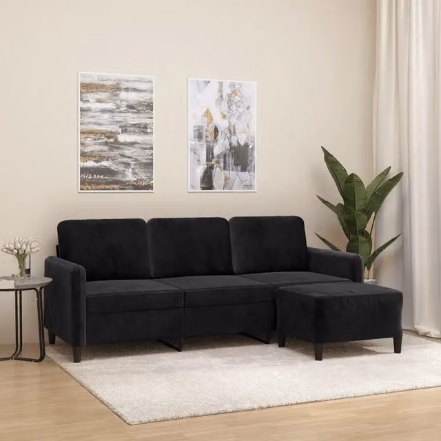 Divano a 3 posti moderno vidaXL in velluto nero con poggiapiedi coordinato L: 198 cm, P: 80 cm, H: 77 cm