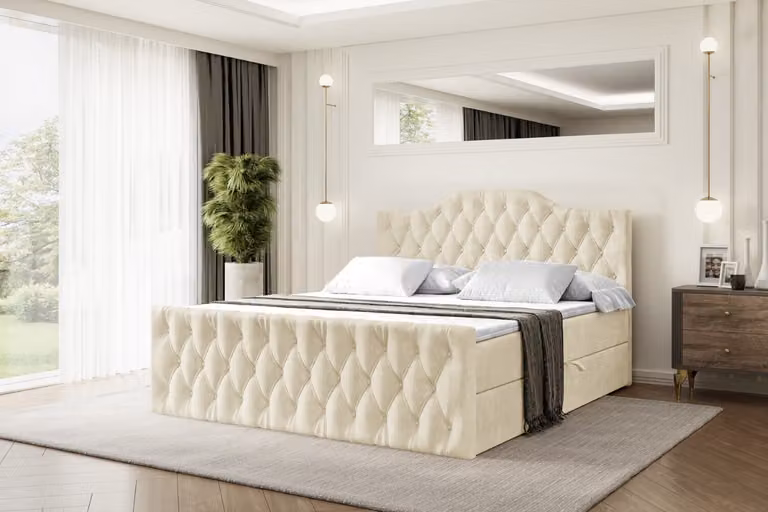 Letto boxspring ALTDECOR con pediera, materasso H3 e topper - 160x200 cm - VILA-1-Z - Velluto beige - Letto imbottito con contenitore e rete a doghe, letto con spazio contenitivo