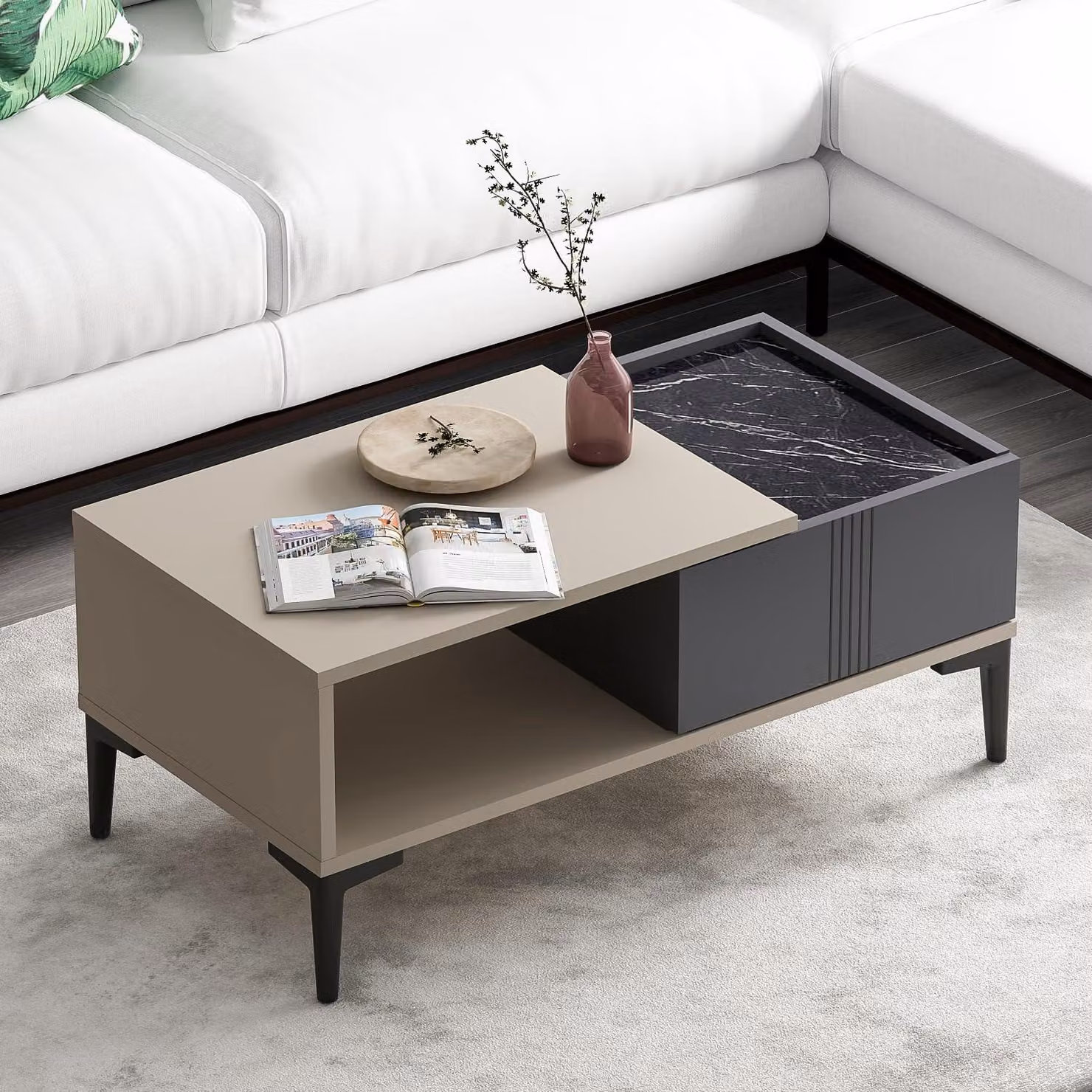 HOMIDEA Tavolino Modena 90 cm - Tavolino da salotto rettangolare con vano portaoggetti - Design scandinavo moderno - Beige/antracite