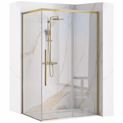 Rea - Cabina Doccia Solar, Oro Spazzolato 80X100, D'Angolo Senza Piatto Doccia, Vetro Di Sicurezza Temperato Trasparente 6mm, Scorrevole, 98,5 X 79 X 195 cm