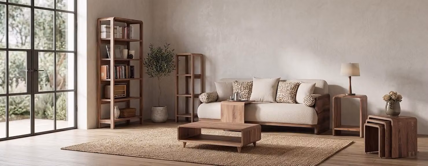 Divano a tre posti, 3 tavolini, 2 librerie, stile moderno, colore marrone