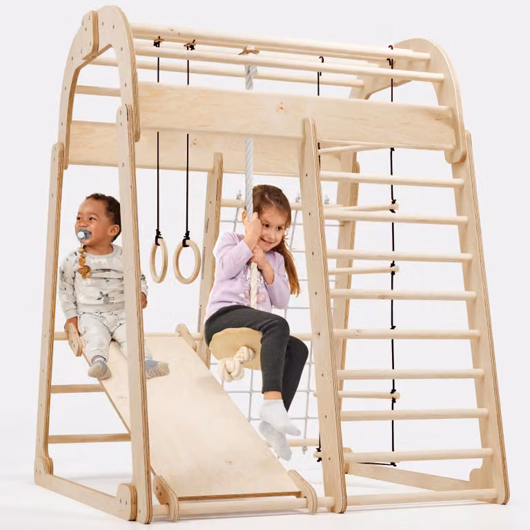 Struttura per arrampicata in legno per bambini da interno ed esterno, Montessori, altalena, parete da arrampicata, corda da arrampicata e scala di corda – per bambini dai 3 agli 8 anni