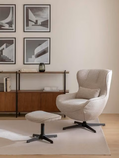 Poltrona girevole imbottita Helder Kenay Home con poggiapiedi, colore grigio e struttura in metallo nero