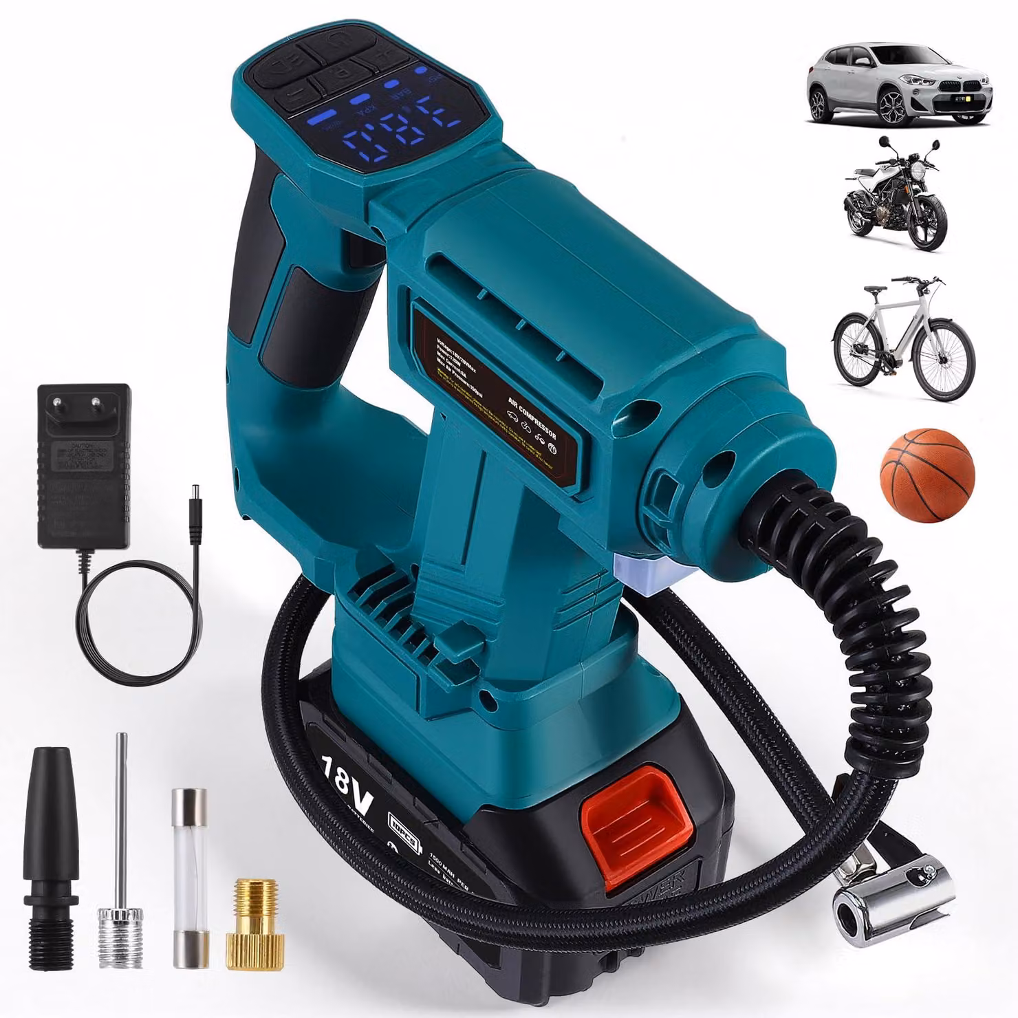Compressore d'aria portatile a 18 V, pressione massima di 11 bar, manometro digitale, pompa d'aria per auto, moto, bicicletta