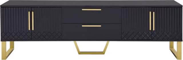 Mobile TV in MDF nero lucido con maniglie e piedi dorati, 170x40x53,5 cm, design elegante per soggiorno
