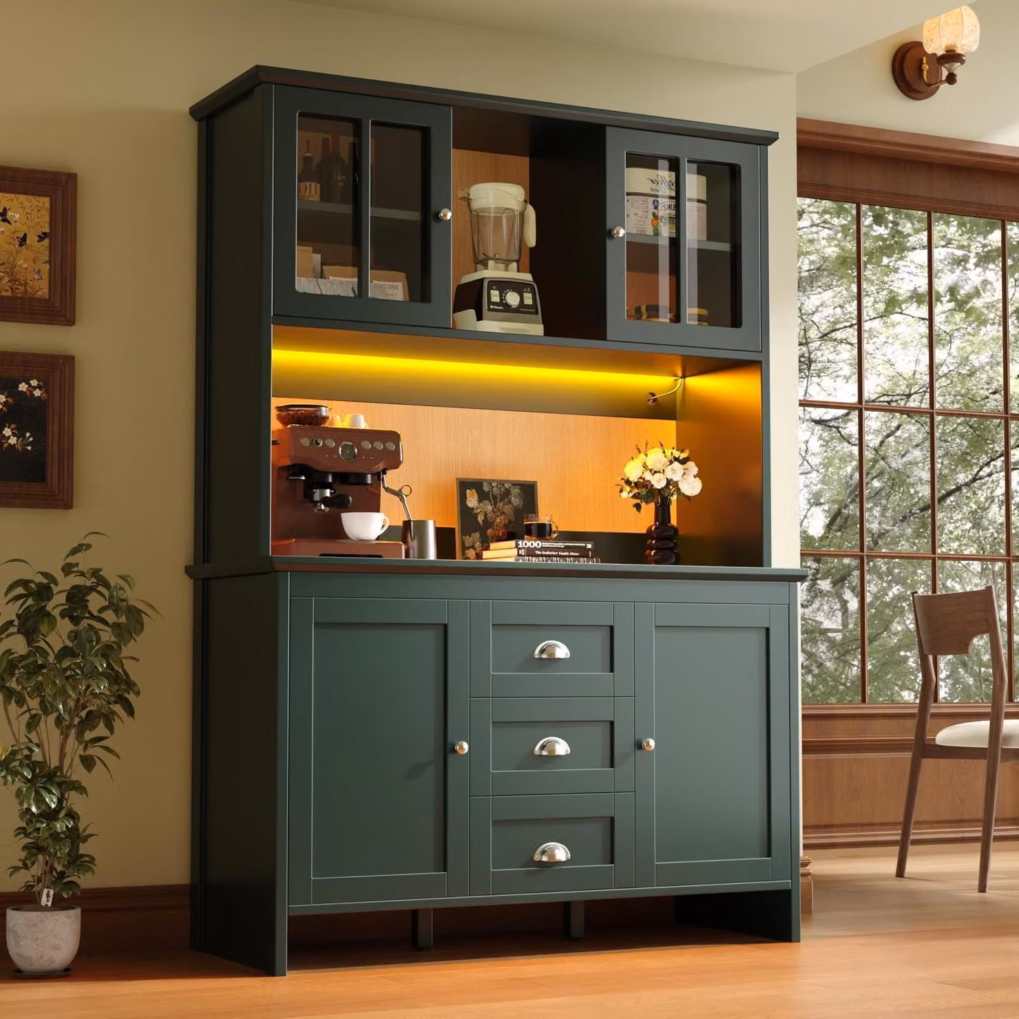 Mobiletto da cucina, credenza, verde, 120x40x179 cm, con ante in vetro e illuminazione a LED