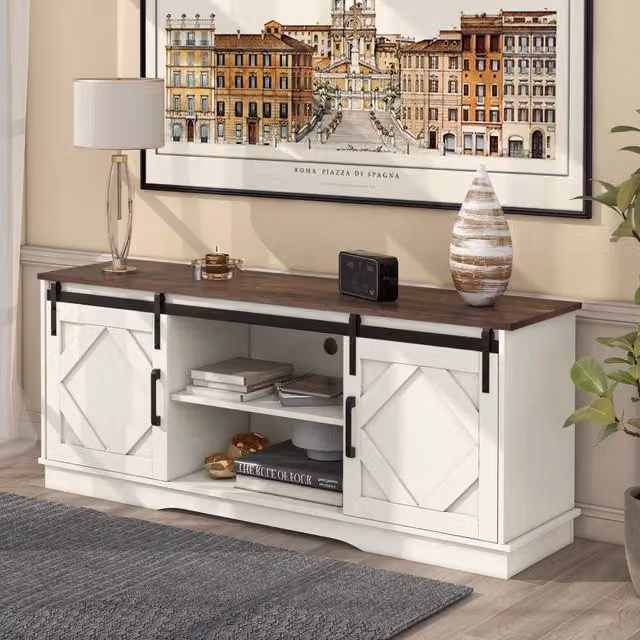 Mobile TV con 2 ante scorrevoli e ripiani regolabili, stile rustico, per soggiorno, marrone e bianco, 150 × 40 × 60 cm