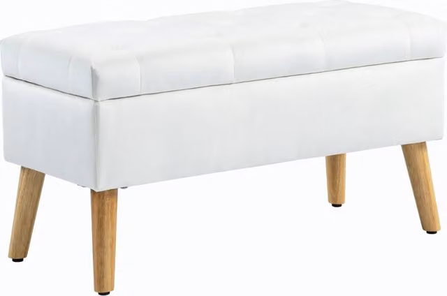 Panca imbottita con vano contenitore Xylo in velluto bianco e gambe in legno, L 80 x P 35 x H 42 cm