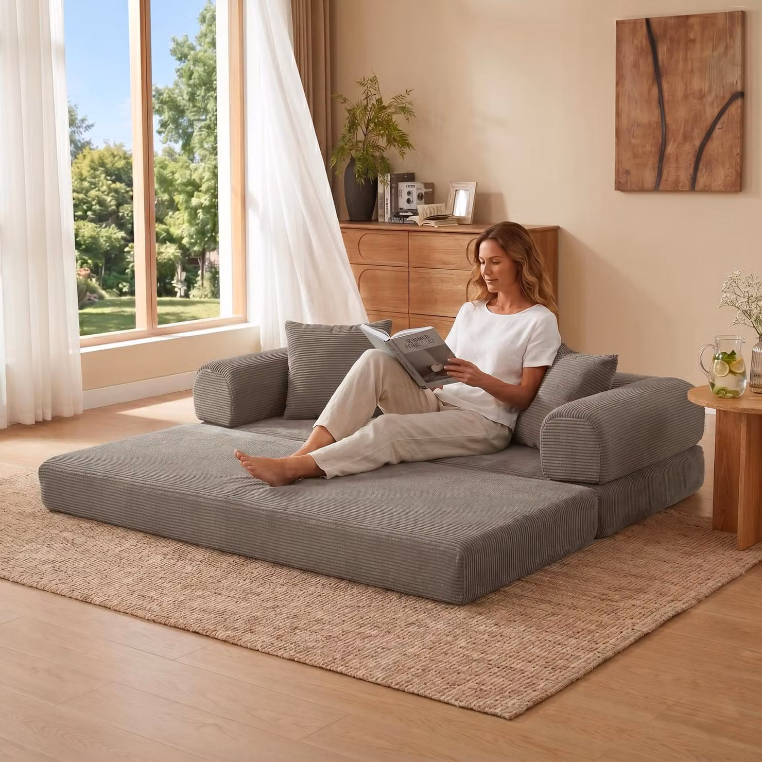 LVHOM Divano letto 2 in 1 pieghevole in velluto a coste, divano senza montaggio, letto per ospiti Divano letto per soggiorno e camera dei ragazzi, 195x89x59, tortora