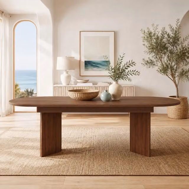 Tavolo da pranzo allungabile in MDF color noce con piano da 18 mm e angoli arrotondati per 4–8 persone
