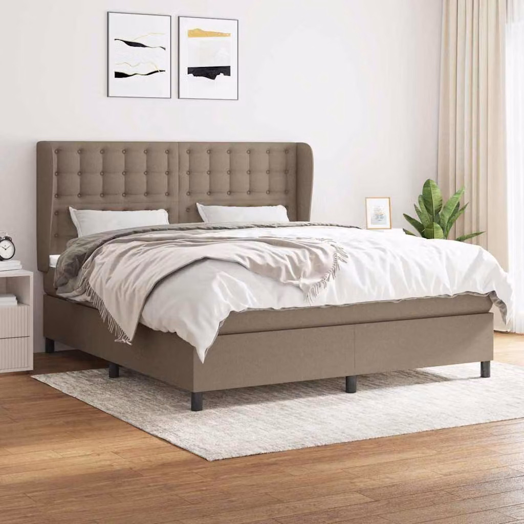 vidaXL Giroletto a Molle con Materasso Ibrido in Tessuto Beige e Bianco L/P/H: 160 x 200 cm – 1