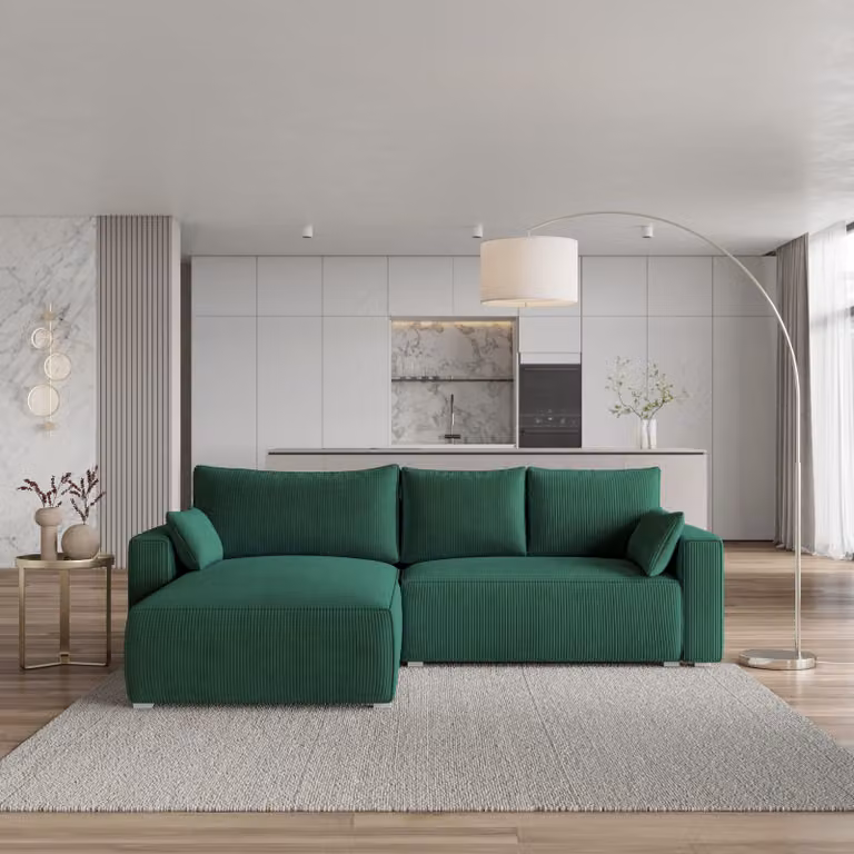 Divano angolare Masseno FORIL P con funzione letto a L, divano con box letto, divano da salotto, divano, divano, divano letto, set di divani - verde, POSO 14
